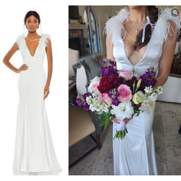 MAC DUGGAL Feather Detail Satin Sheath Gown in White Size US 18 - Picture 1 of 16